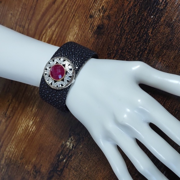 Stingray Leather/Sterling Silver/Gemstone Cuff - Picture 2 of 10